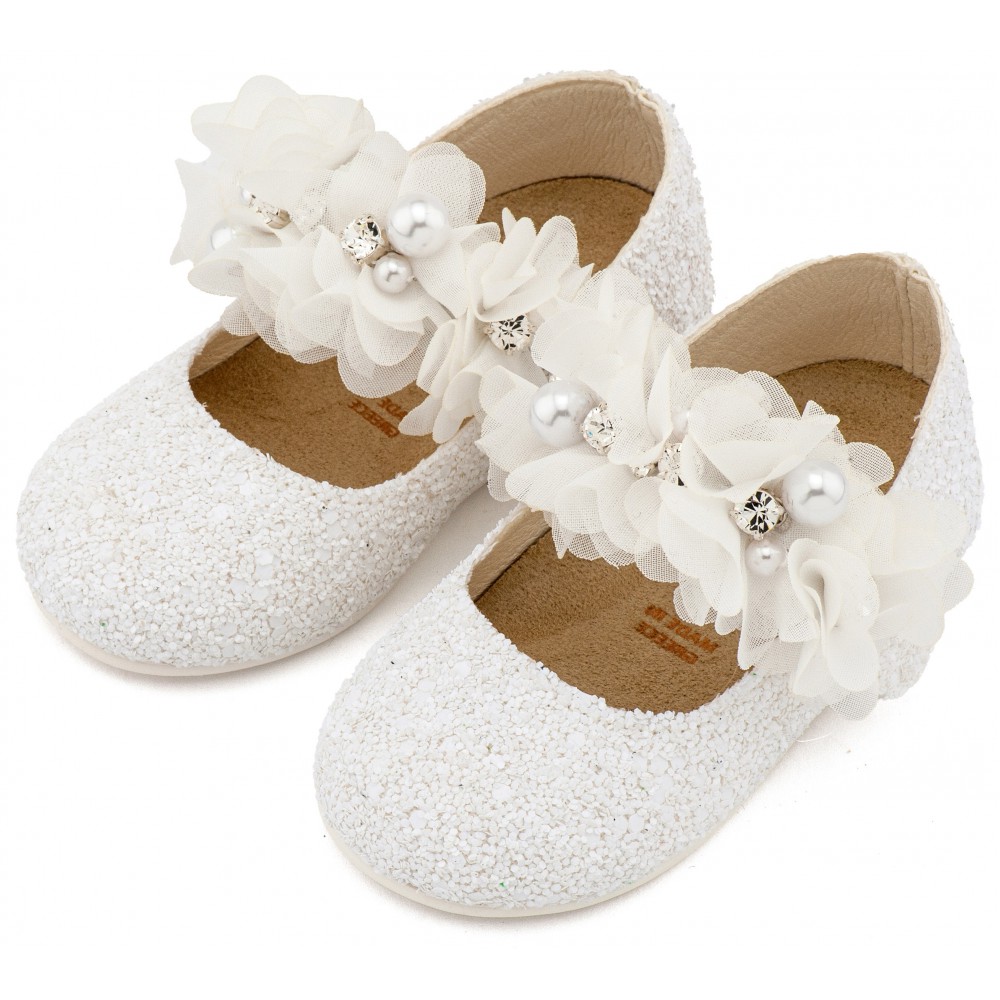 LU6118 Λευκό Γοβάκι Μονή Μπαρέτα Στρας με Λουλούδια Πέρλες και Κρύσταλα Swarovski  