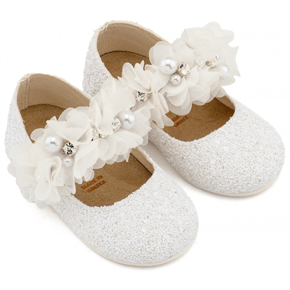 LU6118 Λευκό Γοβάκι Μονή Μπαρέτα Στρας με Λουλούδια Πέρλες και Κρύσταλα Swarovski  