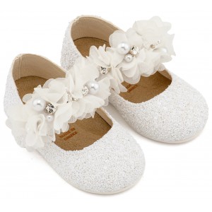 LU6118 Λευκό Γοβάκι Μονή Μπαρέτα Στρας με Λουλούδια Πέρλες και Κρύσταλα Swarovski  