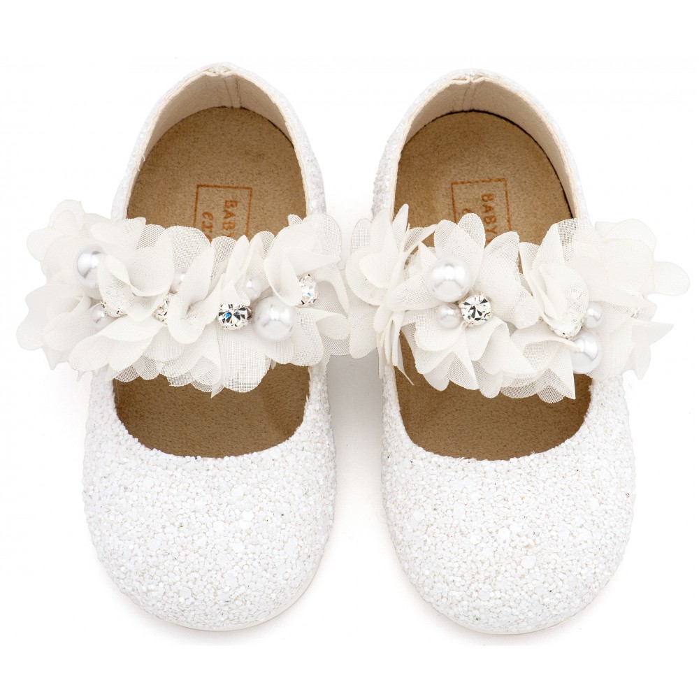 LU6118 Λευκό Γοβάκι Μονή Μπαρέτα Στρας με Λουλούδια Πέρλες και Κρύσταλα Swarovski  