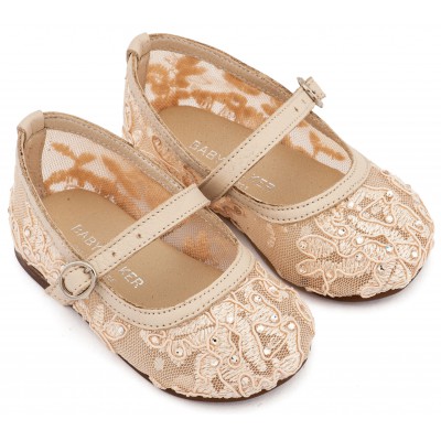 LU6128 Μπεζ Γοβάκι απο Ύφασμα Φιλντιρέ Δαντέλα 