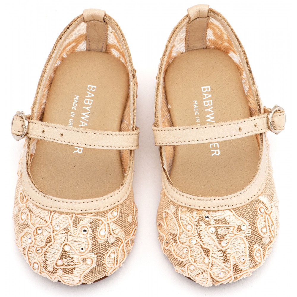 LU6128 Μπεζ Γοβάκι απο Ύφασμα Φιλντιρέ Δαντέλα 