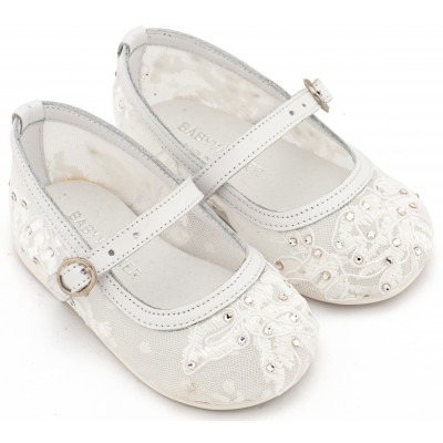 LU6128 Λευκό Γοβάκι απο Ύφασμα Φιλντιρέ Δαντέλα 