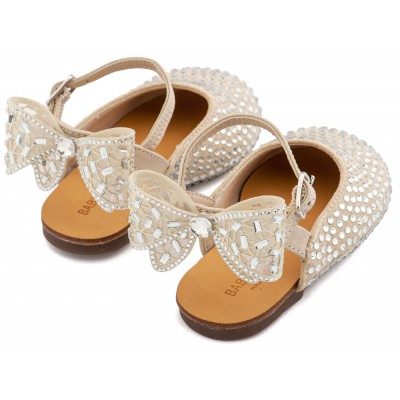 LU6132 Μπεζ Σαμπό Διακοσμημένο Ολόγυρα με Στρας και Φιόγκο απο Στρας στη Φτέρνα 