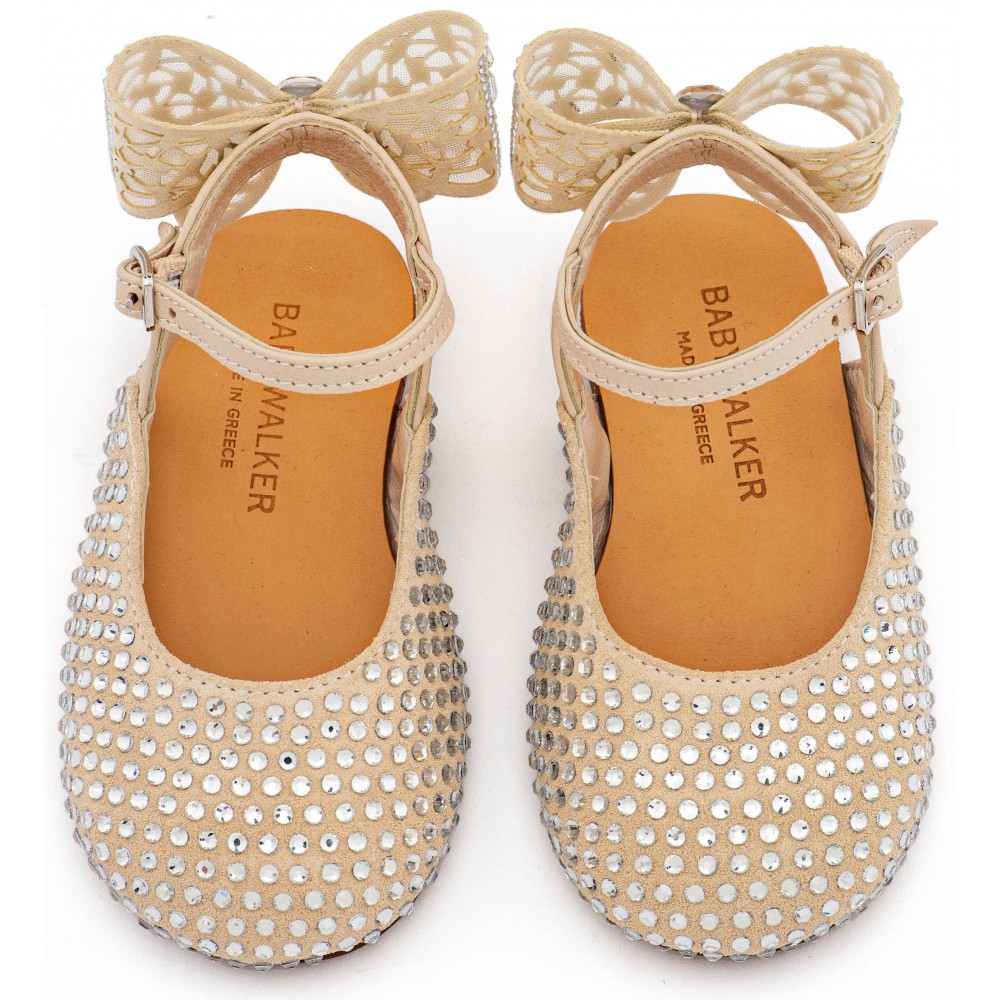 LU6132 Μπεζ Σαμπό Διακοσμημένο Ολόγυρα με Στρας και Φιόγκο απο Στρας στη Φτέρνα 