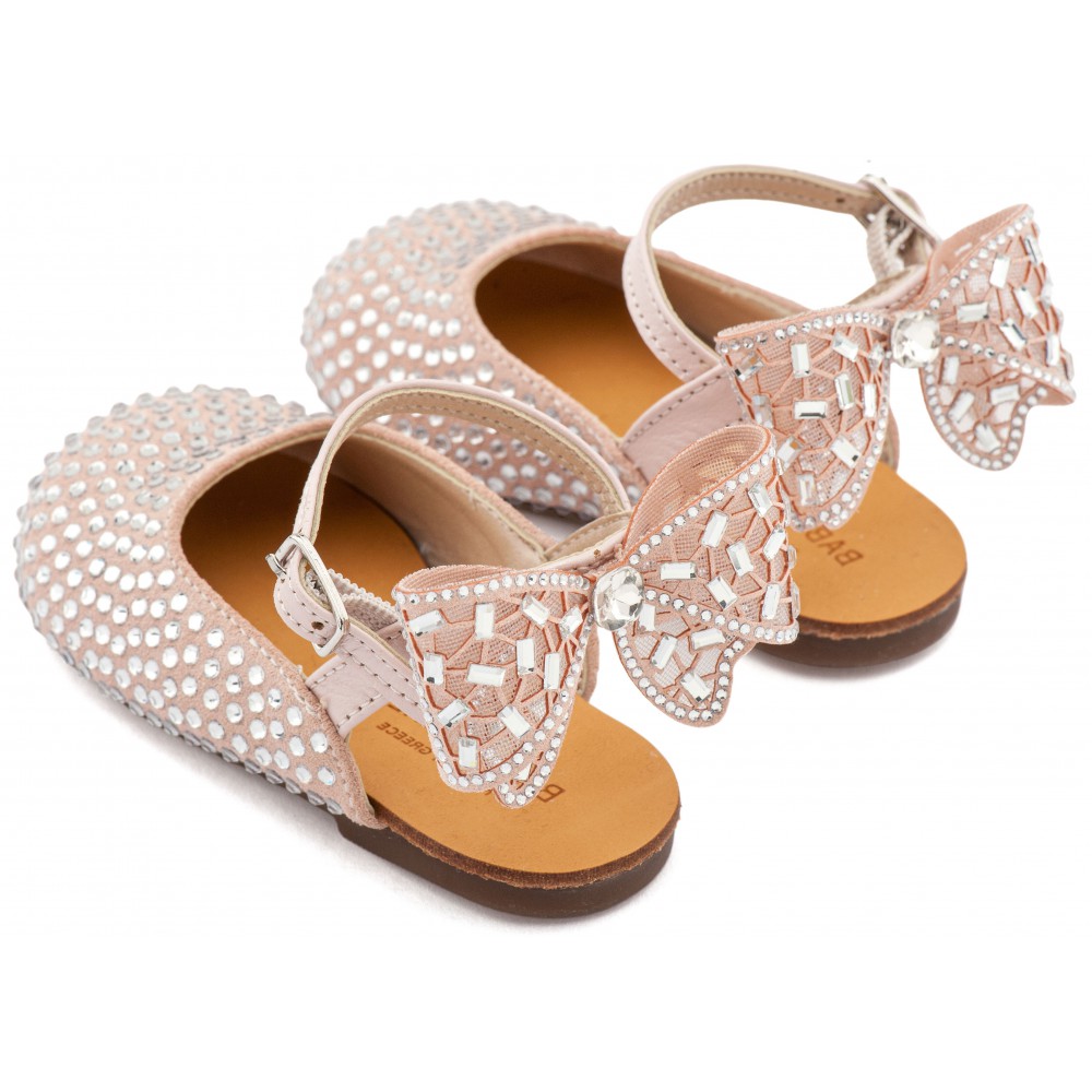 LU6132 Ροζ Αντικέ Σαμπό Διακοσμημένο Ολόγυρα με Στρας και Φιόγκο απο Στρας στη Φτέρνα 