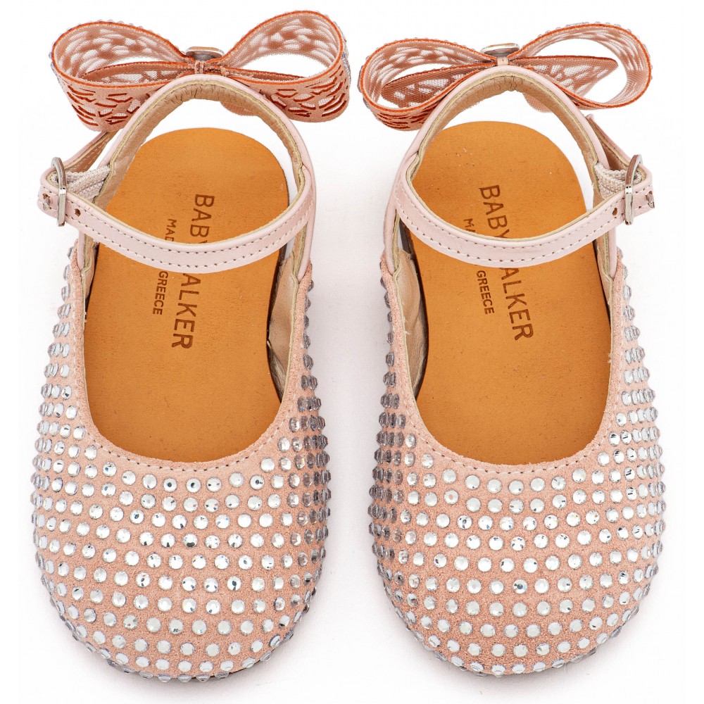 LU6132 Ροζ Αντικέ Σαμπό Διακοσμημένο Ολόγυρα με Στρας και Φιόγκο απο Στρας στη Φτέρνα 