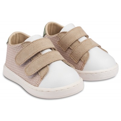 PRI2104  Μπεζ Λευκό Μέντα Sneakers Διπλή Μπαρέτα Χρατς 