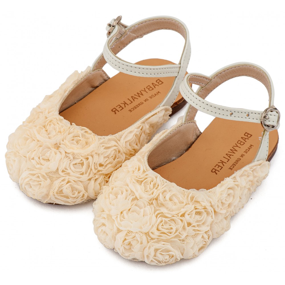 BW4884 Εκρού Γαλλικό Σαμπό με Chiffon Λουλούδια 