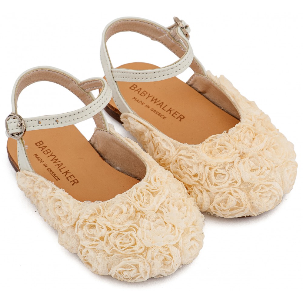 BW4884 Εκρού Γαλλικό Σαμπό με Chiffon Λουλούδια 