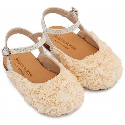 BW4884 Εκρού Γαλλικό Σαμπό με Chiffon Λουλούδια 