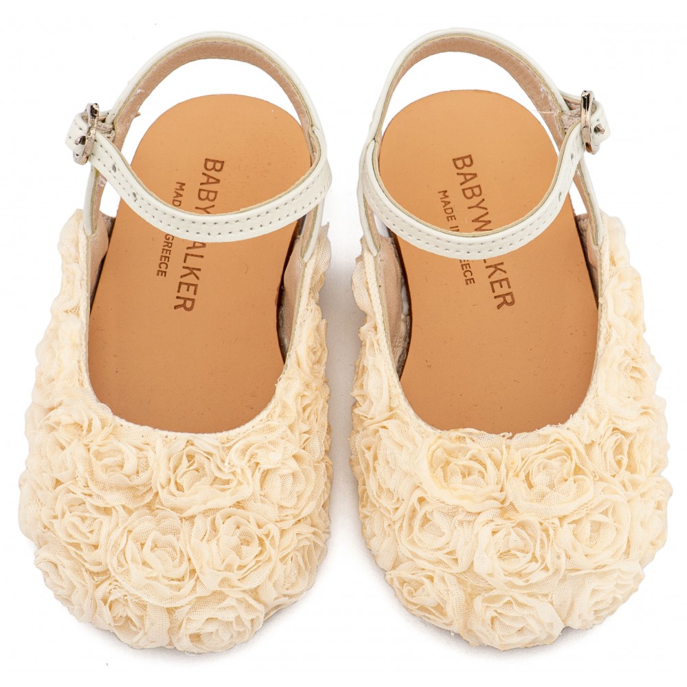 BW4884 Εκρού Γαλλικό Σαμπό με Chiffon Λουλούδια 