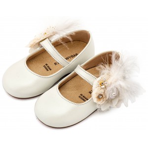 BW4887  Εκρού Γοβάκι με Λουλούδια και Πούπουλα 