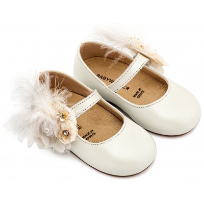 BW4887  Εκρού Γοβάκι με Λουλούδια και Πούπουλα 