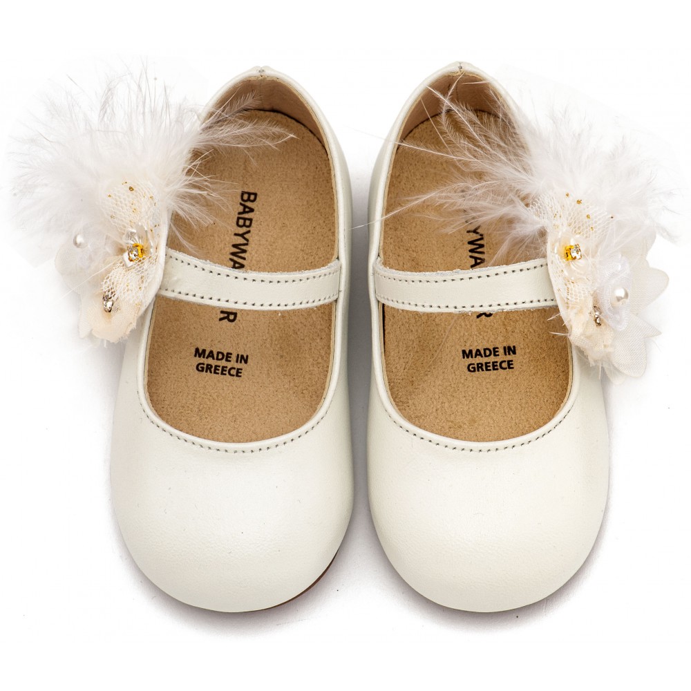 BW4887  Εκρού Γοβάκι με Λουλούδια και Πούπουλα 