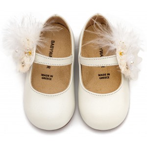 BW4887  Εκρού Γοβάκι με Λουλούδια και Πούπουλα 