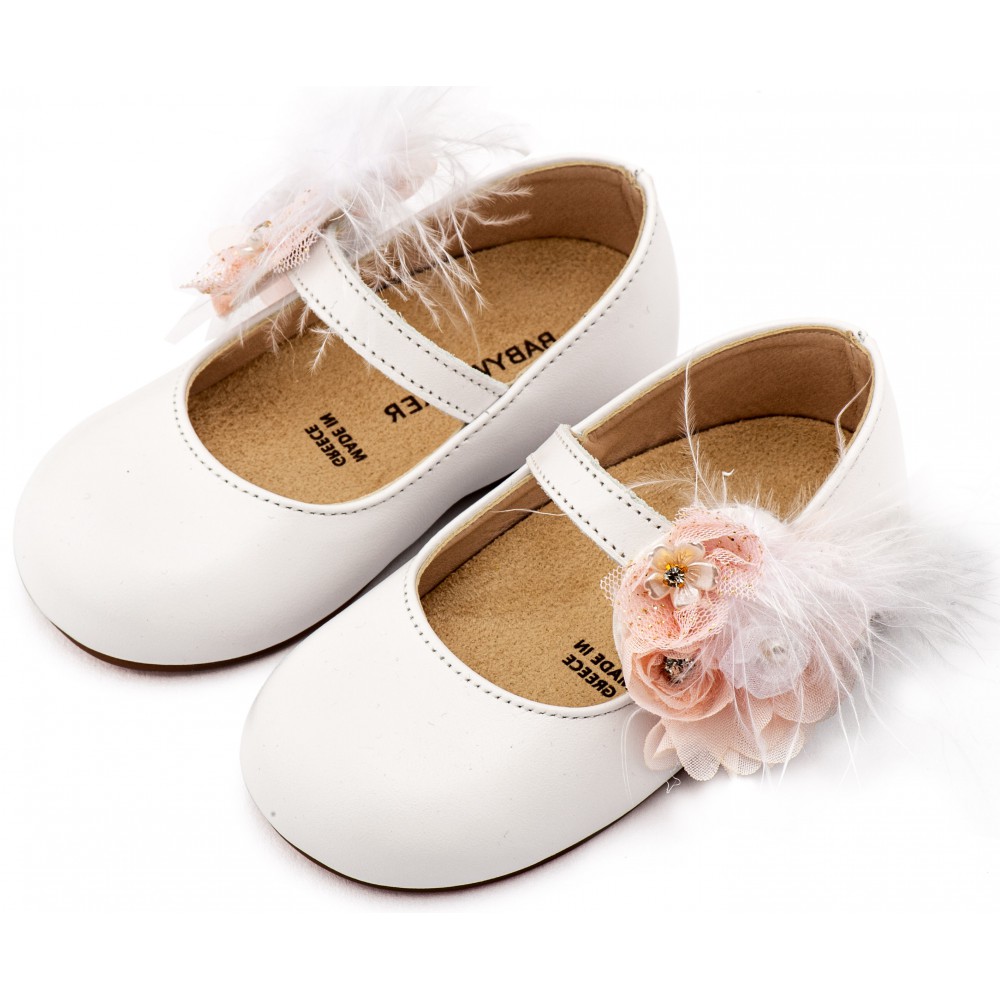 BW4887  Λευκό Ροζ Γοβάκι με Λουλούδια και Πούπουλα 