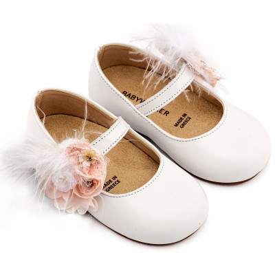 BW4887  Λευκό Ροζ Γοβάκι με Λουλούδια και Πούπουλα 