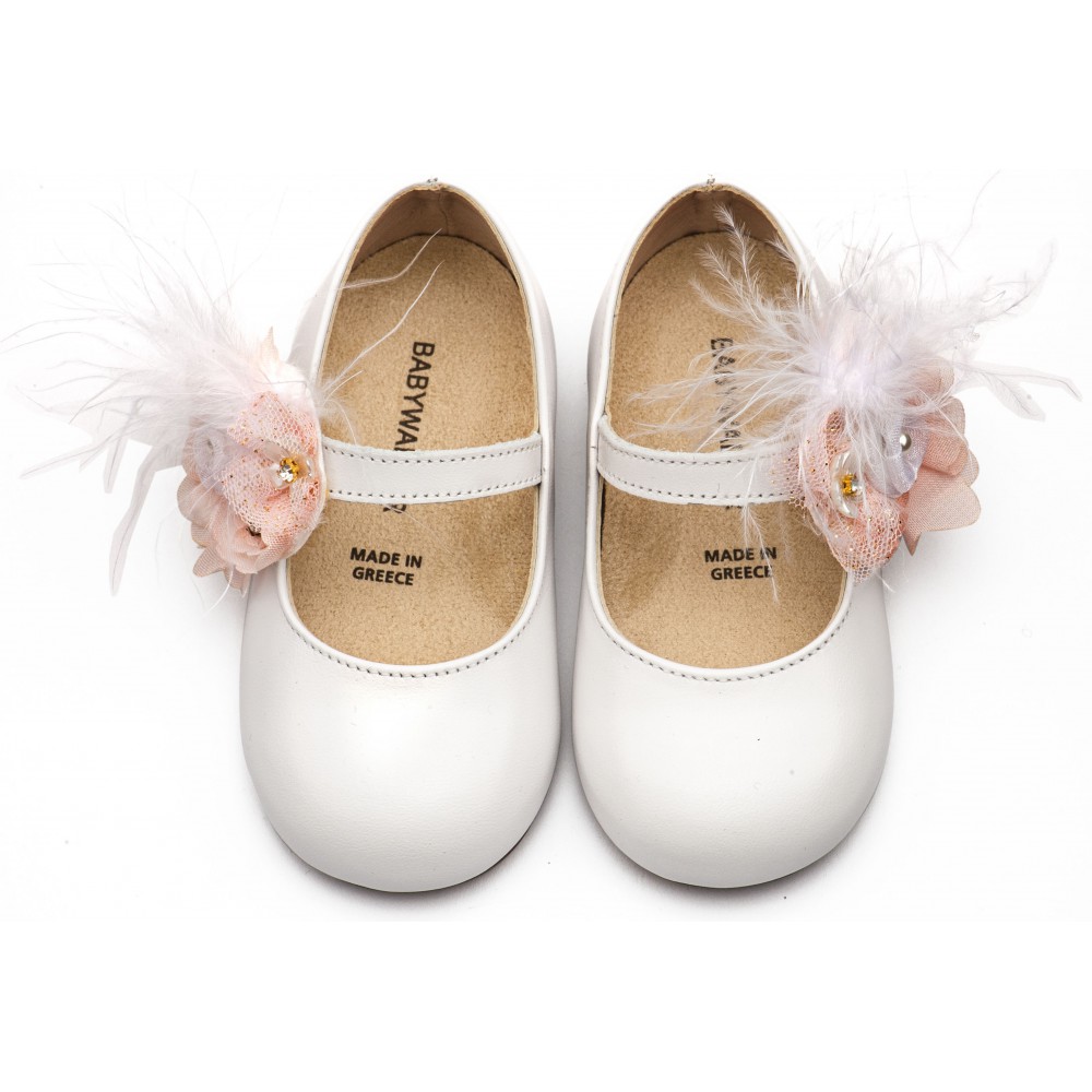 BW4887  Λευκό Ροζ Γοβάκι με Λουλούδια και Πούπουλα 