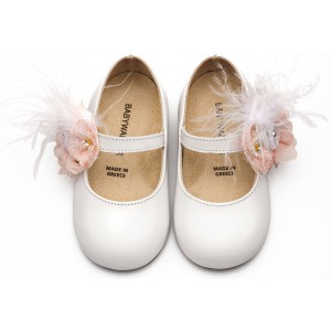 BW4887  Λευκό Ροζ Γοβάκι με Λουλούδια και Πούπουλα 