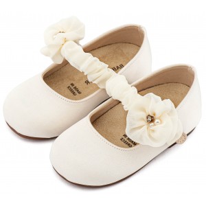 BW4888 Εκρού Γοβάκι Μονή Μπαρέτα με Υφασμάτινο Διακοσμητικό 