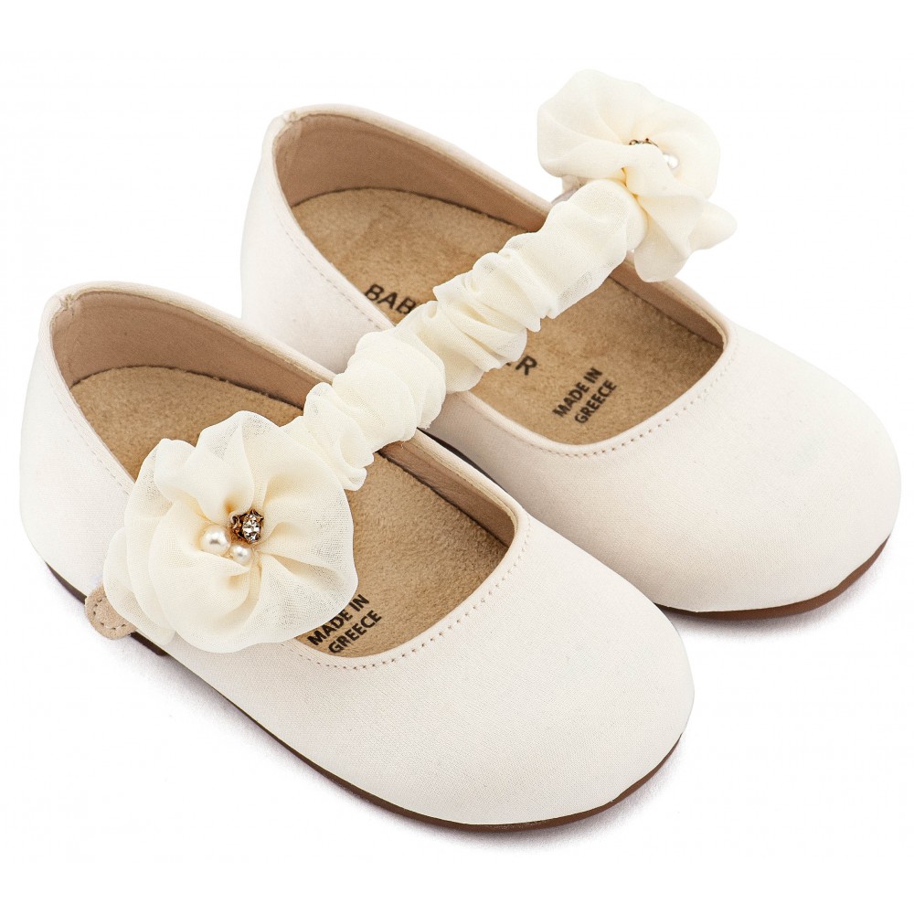 BW4888 Εκρού Γοβάκι Μονή Μπαρέτα με Υφασμάτινο Διακοσμητικό 