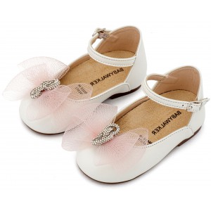 BW4890  Εκρού Ροζ Γαλλικό Γοβάκι με Φιόγκο και Στρας 