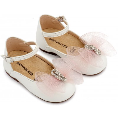 BW4890  Εκρού Ροζ Γαλλικό Γοβάκι με Φιόγκο και Στρας 