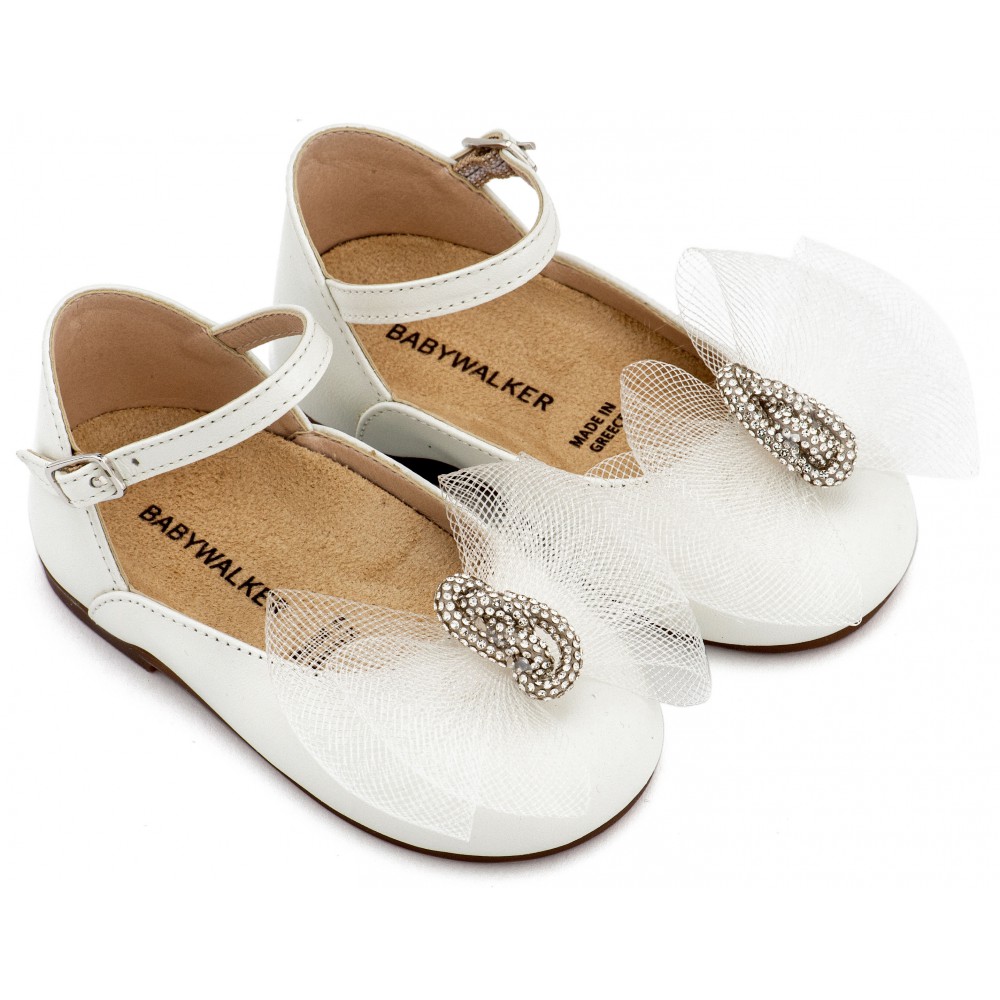 BW4890  Εκρού Γαλλικό Γοβάκι με Φιόγκο και Στρας 