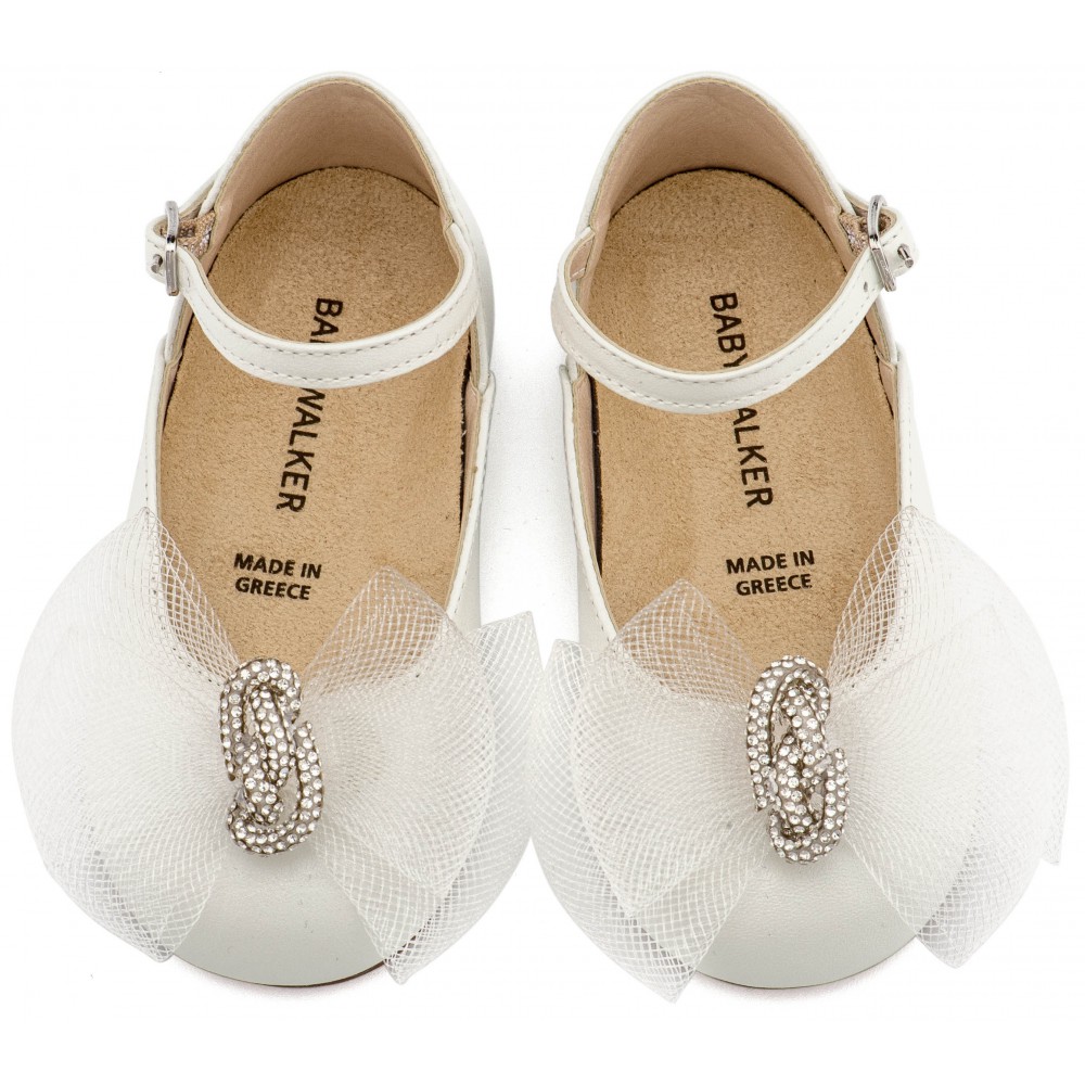 BW4890  Εκρού Γαλλικό Γοβάκι με Φιόγκο και Στρας 