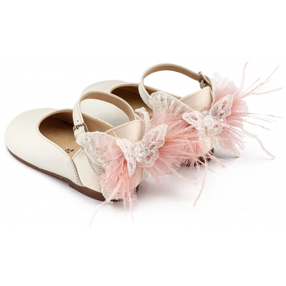 BW4891 Εκρού Ροζ Γαλλικό Γοβάκι με Διακοσμημένη Φτέρνα Πεταλούδα 