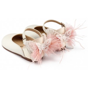 BW4891 Εκρού Ροζ Γαλλικό Γοβάκι με Διακοσμημένη Φτέρνα Πεταλούδα 