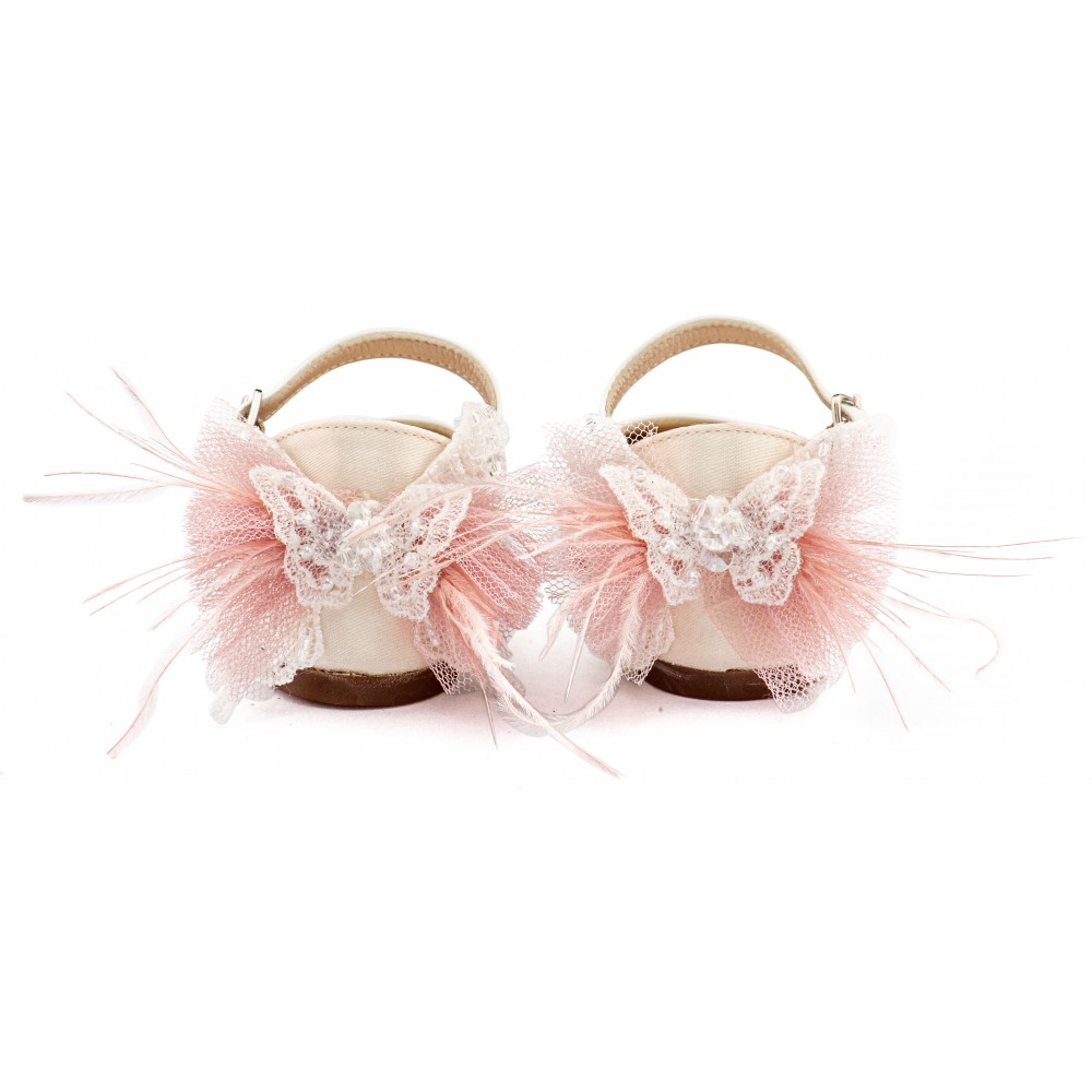 BW4891 Εκρού Ροζ Γαλλικό Γοβάκι με Διακοσμημένη Φτέρνα Πεταλούδα 