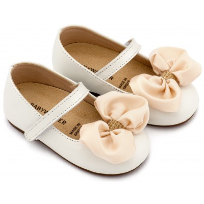 BW4893 Εκρού Γοβάκι Μονή Μπαρέτα με Σατέν Φιόγκο  