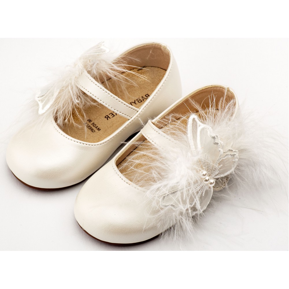 BS3598 Εκρού Γοβάκι Μονή Μπαρέτα Διακοσμημένη με Χειροποίητο Διακοσμητικό 