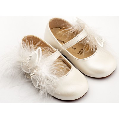 BS3598 Εκρού Γοβάκι Μονή Μπαρέτα Διακοσμημένη με Χειροποίητο Διακοσμητικό 