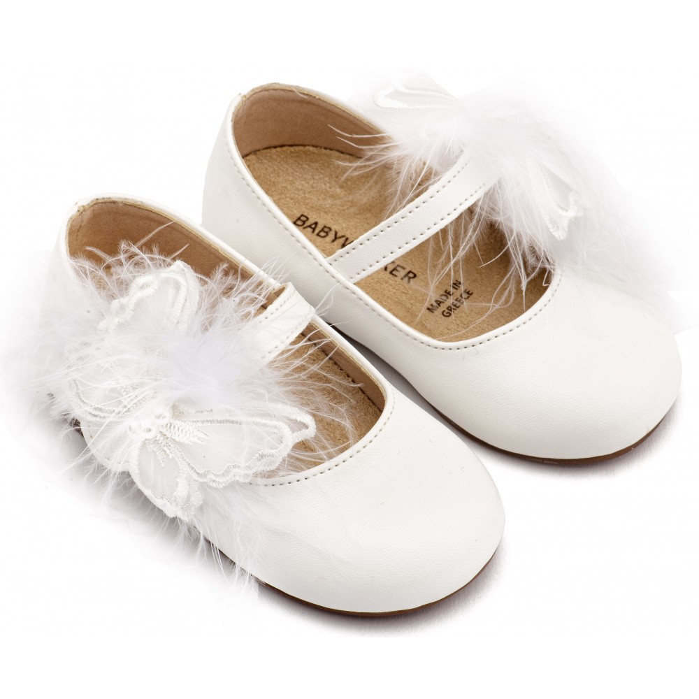 BS3598 Λευκό Γοβάκι Μονή Μπαρέτα Διακοσμημένη με Χειροποίητο Διακοσμητικό 