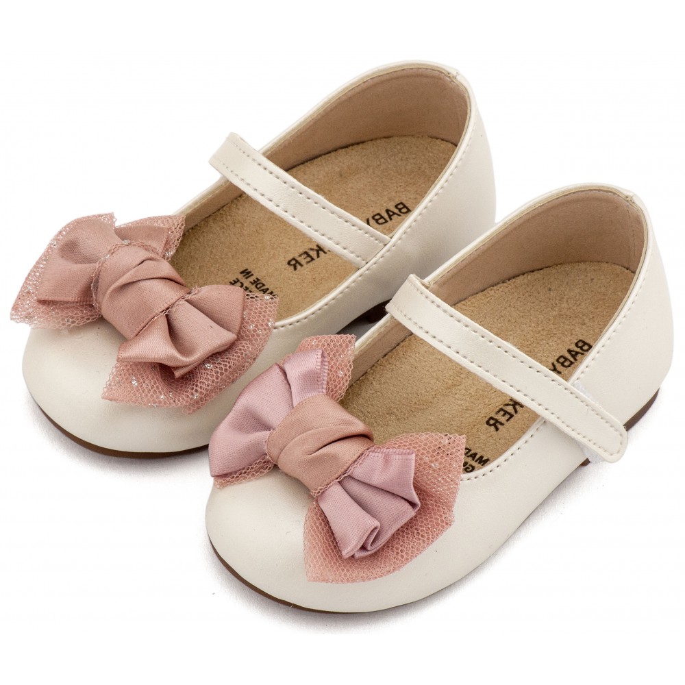 BS3599 Εκρού Ροζ Γοβάκι Μονή Μπαρέτα Διακοσμημένη με Φιόγκο 