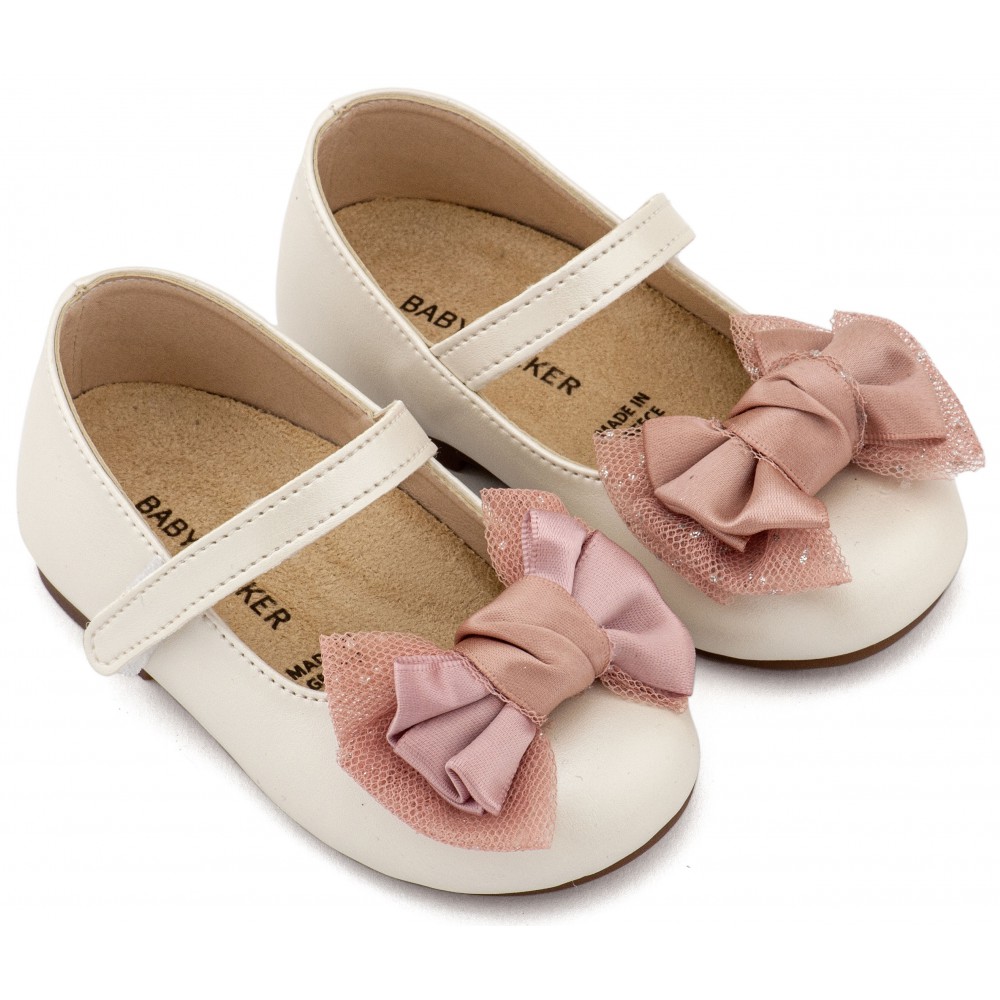 BS3599 Εκρού Ροζ Γοβάκι Μονή Μπαρέτα Διακοσμημένη με Φιόγκο 