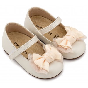 BS3599 Εκρού Γοβάκι Μονή Μπαρέτα Διακοσμημένη με Φιόγκο 