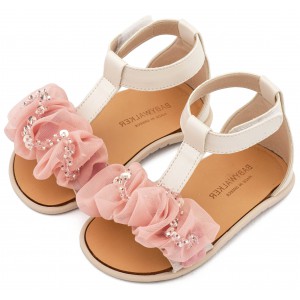 BS3601 Εκρού Ροζ Πέδιλο με Διακοσμητικό Οργάντζας 