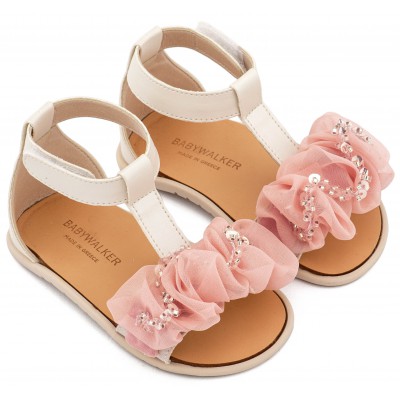 BS3601 Εκρού Ροζ Πέδιλο με Διακοσμητικό Οργάντζας 