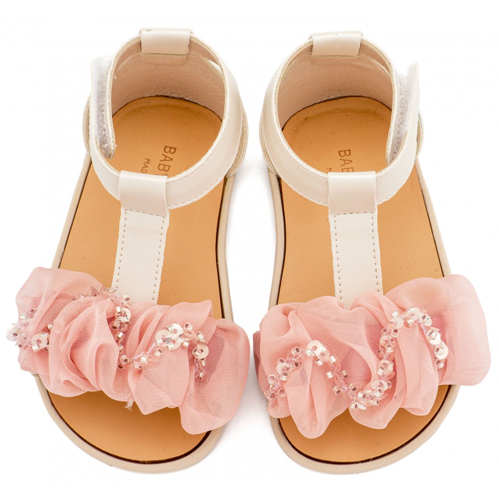 BS3601 Εκρού Ροζ Πέδιλο με Διακοσμητικό Οργάντζας 