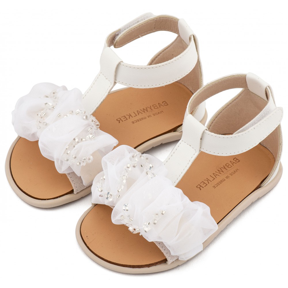 BS3601 Λευκό Πέδιλο με Διακοσμητικό Οργάντζας 