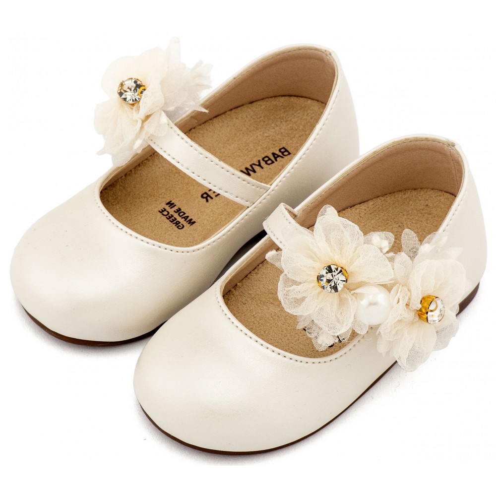 BS3604 Εκρού Γοβάκι Μονή Μπαρέτα με Διακοσμητικό Οργάντζας 