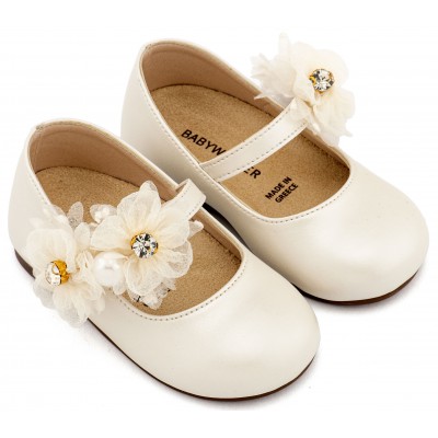 BS3604 Εκρού Γοβάκι Μονή Μπαρέτα με Διακοσμητικό Οργάντζας 