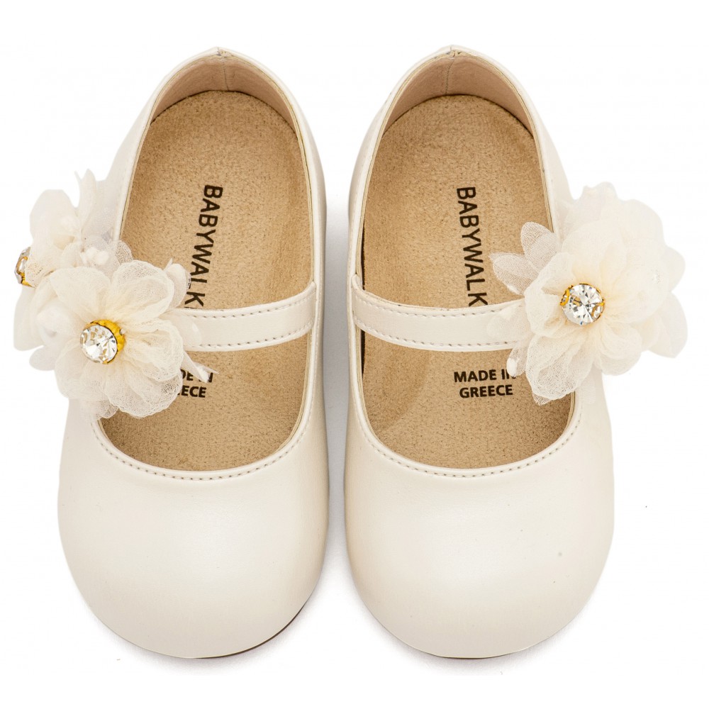 BS3604 Εκρού Γοβάκι Μονή Μπαρέτα με Διακοσμητικό Οργάντζας 