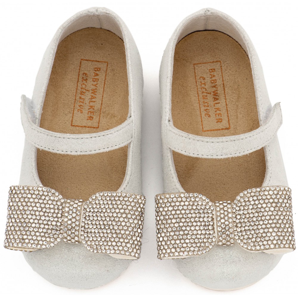 EXC5883 Λευκό Πάγου Γοβάκι Μονή Μπαρέτα Διακοσμημένο με Στρασένιο Φιόγκο 