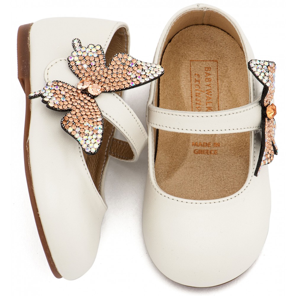 EXC5894 Εκρού Γοβάκι με Στρασένια Πεταλούδα στο Πλάι 