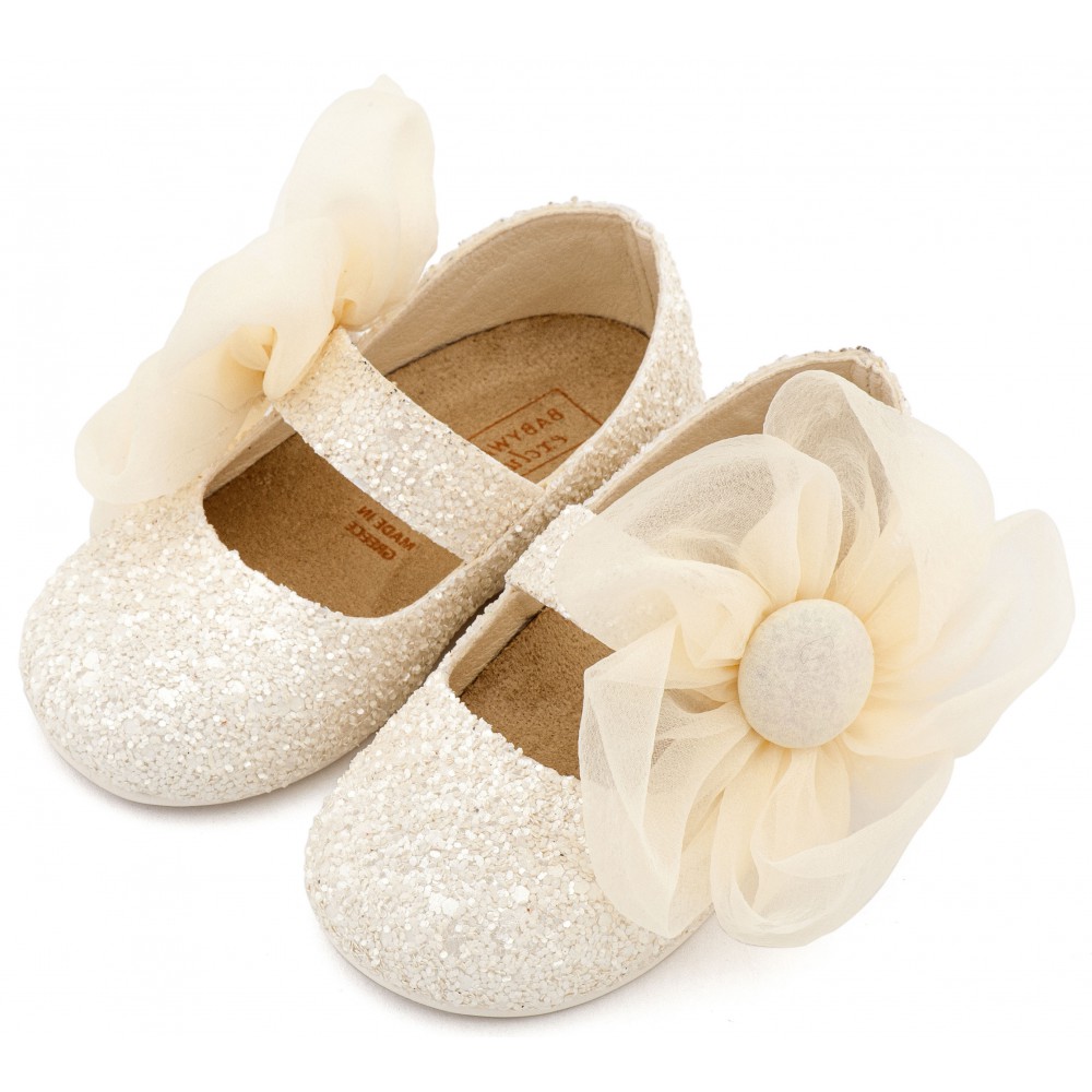 EXC5899 Εκρού Γοβάκι Μονή Μπαρέτα Διακοσμημένο με Μεγάλο Λουλούδι Οργάντζας 